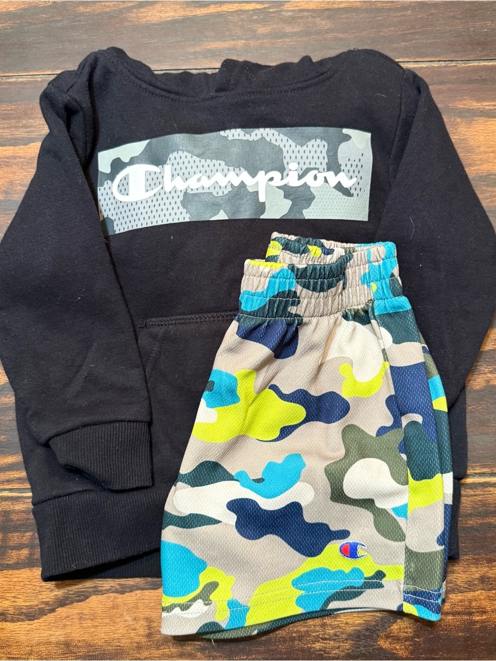 Champion Black Hoodie with Blue, Yellow and Gray Camo Kids Shorts